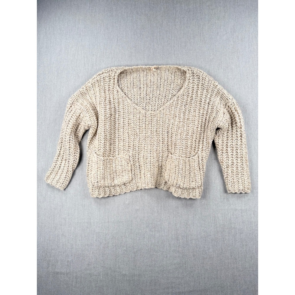 Raga Womens Small Oatmeal Beige Chunky Ribbed Knit V-Neck Sweater Patch Pockets